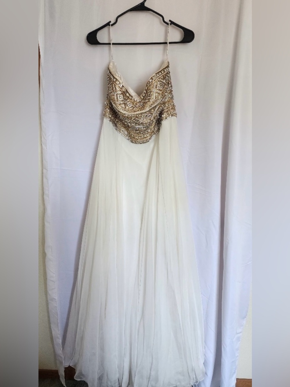 Sherri Hill White Gold Beaded Strapless Gown Sz 16 Prom Formal Dress Tulle Skirt